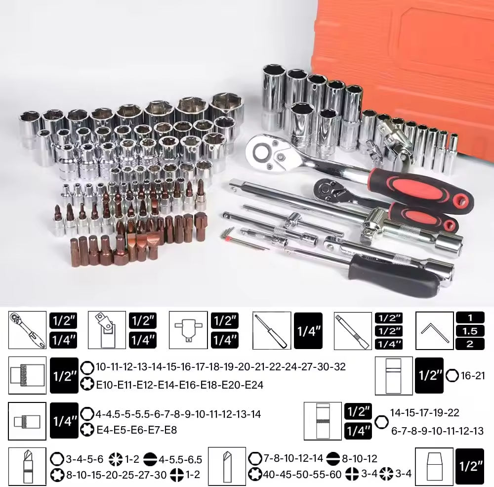 Elehand OEM 108 PCS 1/4" &amp; 1/2" Dr. Socket Set Auto Repair Tool On-Board Household Repair Kit with Hard Case Ratchet Wrench Set