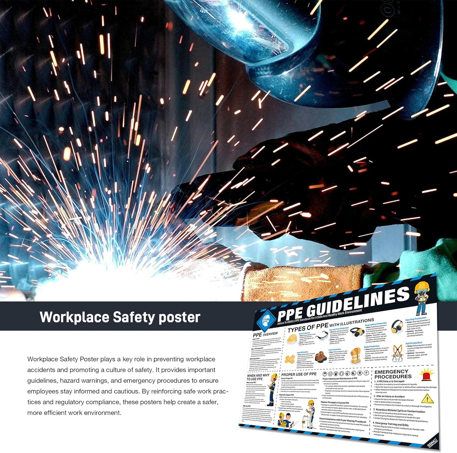 PPE Safety Poster OSHA Compliant Personal Protective Equipment (PPE) Guide For Workplace &amp; Construction, Protective Gear Usage