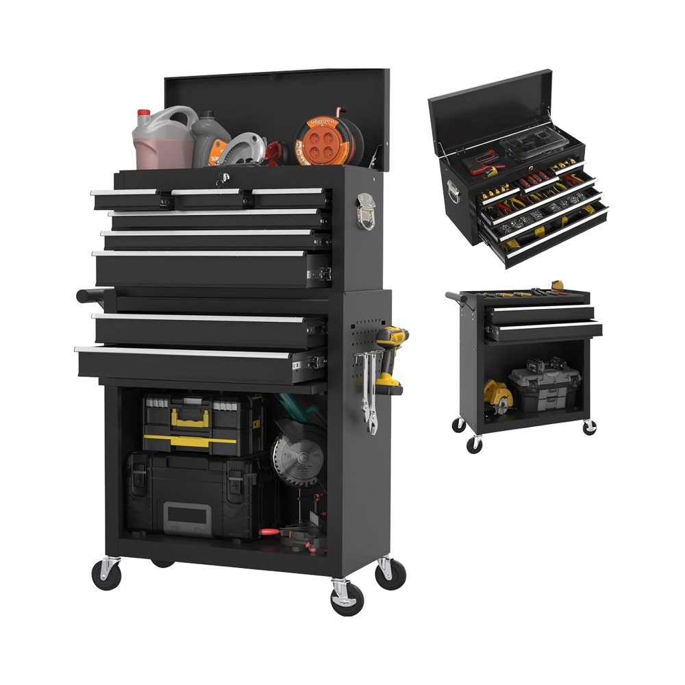 8-Drawer Rolling Tool Storage Cabinet Black Metal Tool Cart Detachable Top Lockable Wheels Side Hooks Locking Mechanism