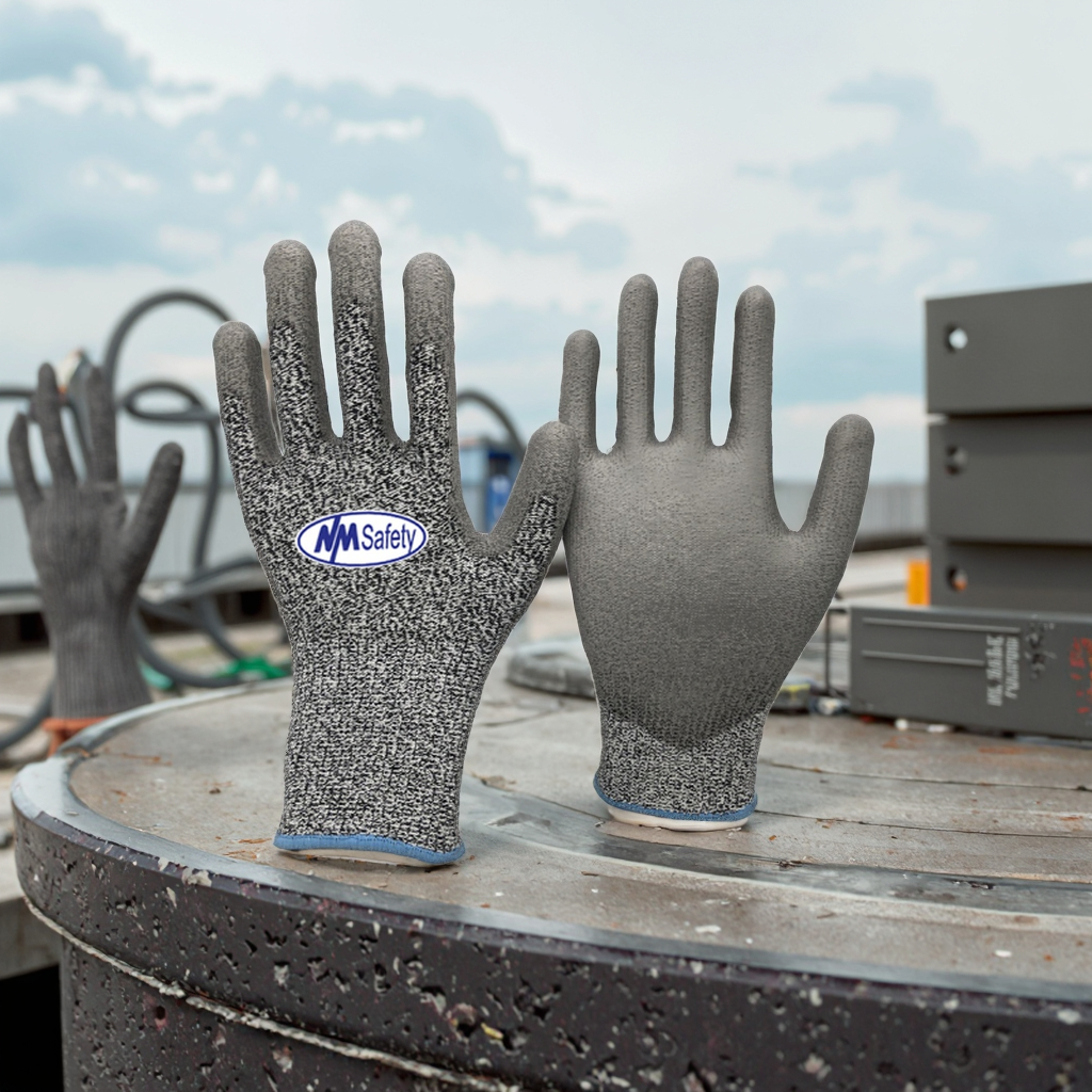 NMsafety HPPE ANSI Anti-Cut Level 5 Work Gloves PU Coated Nylon Custom Safety Gloves Construction EN388 Certified Touch Screen