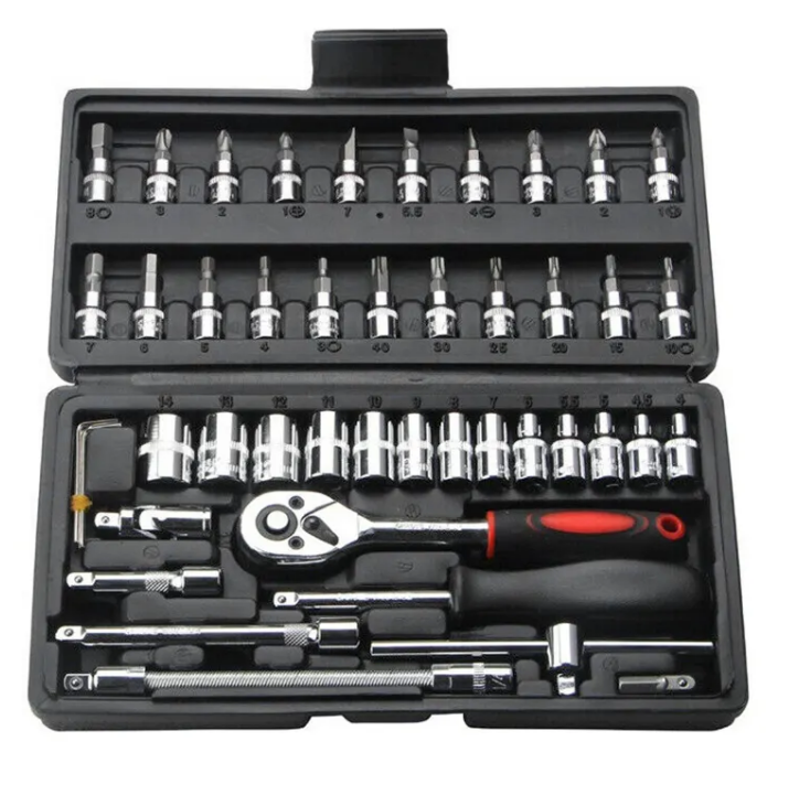 46pcs Carbon Steel Ratchet Wrench Socket Set Auto Repair Tool Kit Combination With Hard Case Hand-Power Source OEM Customizable