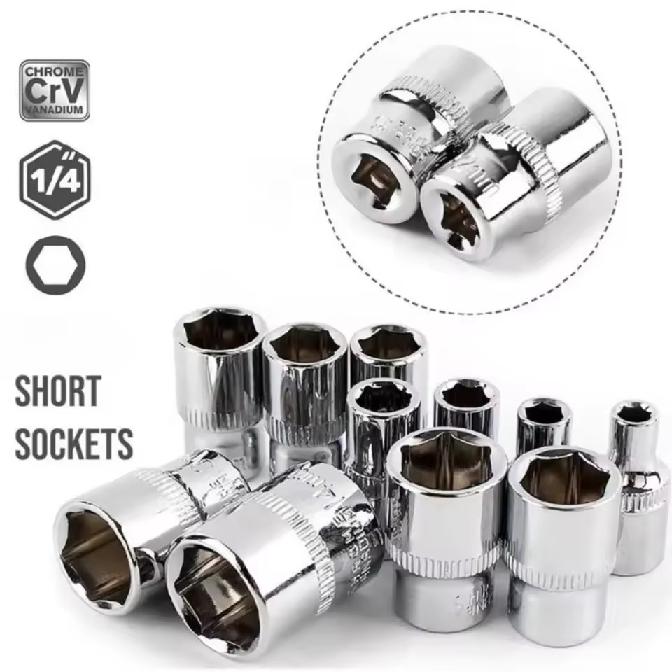 1/4 Short Natural Chrome Vanadium Steel Socket 4-14mm External Hex DIY OEM Home/Work Maintenance Hand Tool Multiple Types