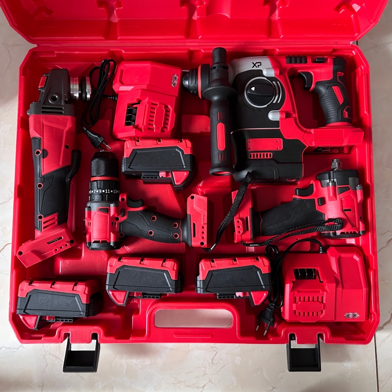 4-In-1 Cordless Red Brushless Tool Set Hammer Drill Impact Wrench Angle Grinder 4 Machines 4 Batteries 2 Industrial
