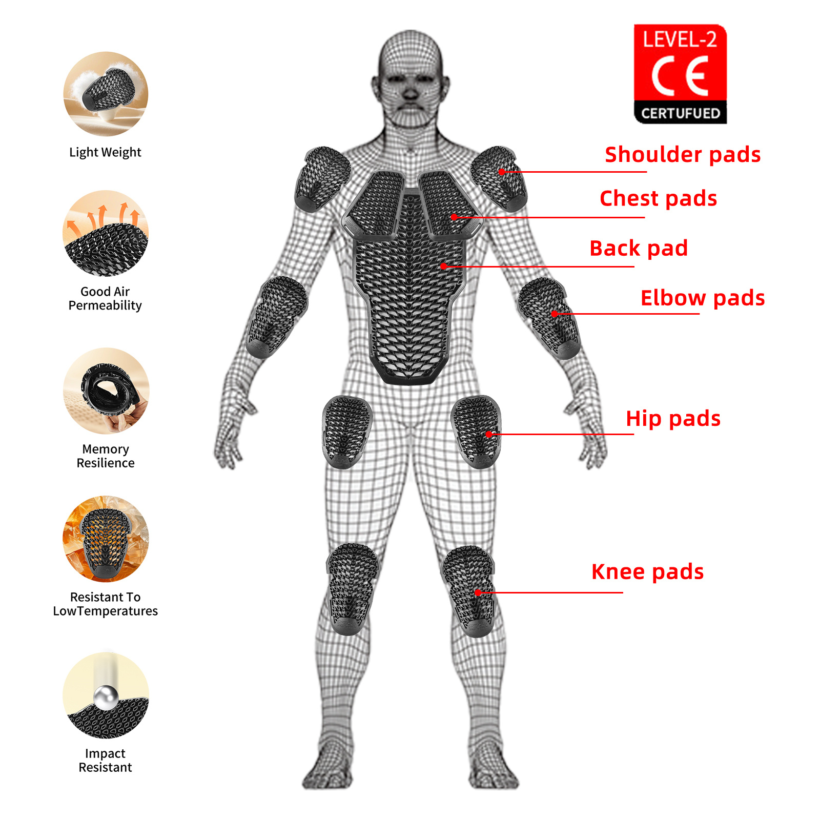 Black CE Level 2 Motorcycle Body Protection Pad Universal Motocross Racing Safety Insert Armor Back Elbow and Knee Protector