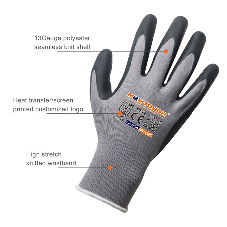 MAXITOUGH 13Gauge Polyester Work Hand Gloves With Nitrile Foam Coating En388 Grip Garden Gloves &amp; Protective Gear Safety Gloves