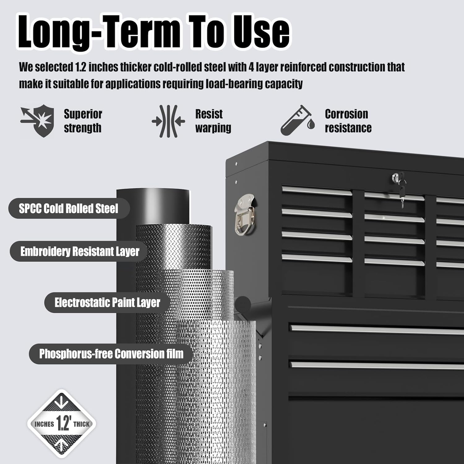 8-Drawer Rolling Tool Storage Cabinet Black Metal Tool Cart Detachable Top Lockable Wheels Side Hooks Locking Mechanism