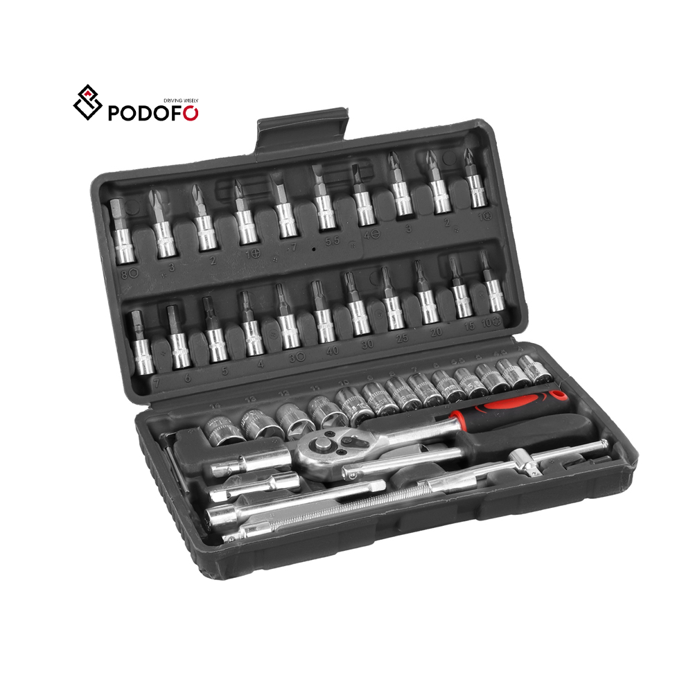 Podofo 46pcs Car Repair Tool Kit Ratchet Torque Wrench Spanner Screwdriver Socket Set Combo Perfect for Bicycle Auto Repairing