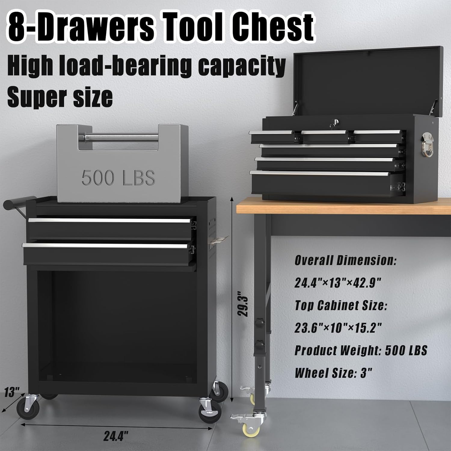 8-Drawer Rolling Tool Storage Cabinet Black Metal Tool Cart Detachable Top Lockable Wheels Side Hooks Locking Mechanism