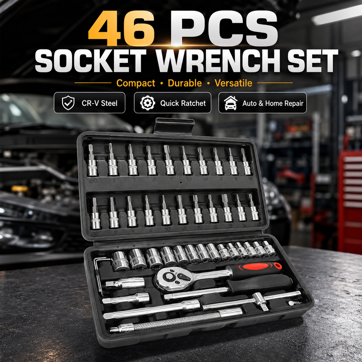 46pcs 1/4 Inch OEM Automotive Repair Hand Tool Combination Set Ratcheting Wrench Extension Bar Hard Case