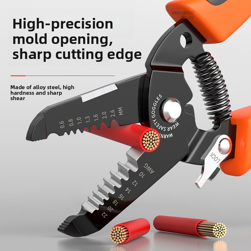 Electrician Wire Stripper Cable Scissors Stripping Pliers Wire Pulling Industrial Grade Serrated Orange/Black Metric/AWG