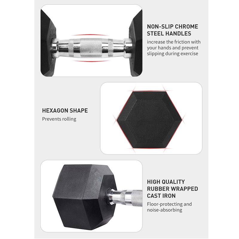 Custom Logo Gym Black Rubber Coated Hex Rubber Cast Iron Dumbbell