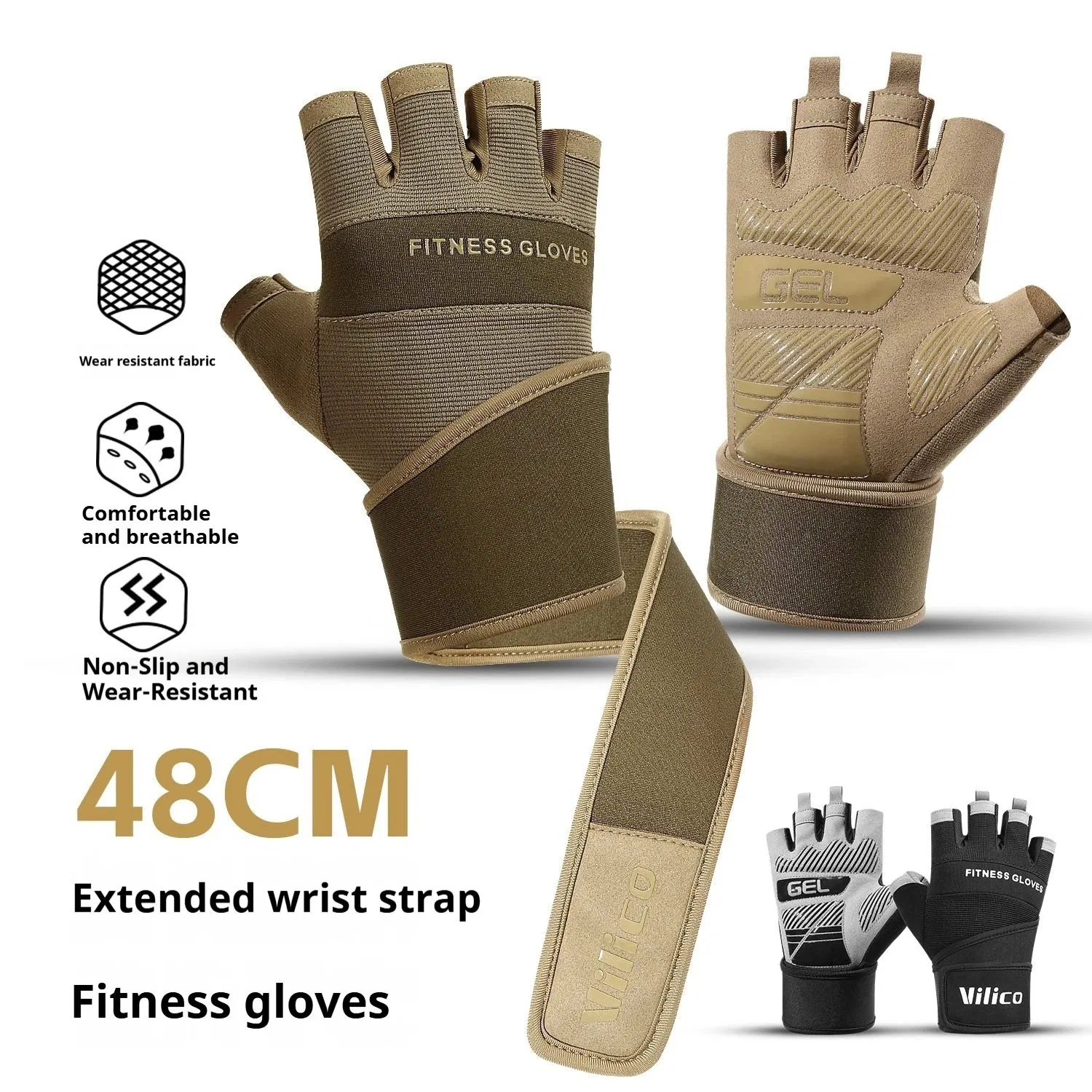 Sports and Fitness Gloves, Summer Breathable and Wear-Resistant Barbell Equipment, Weightlifting and Iron Rolling, Extended Wrist Guard, Half Finger Gloves