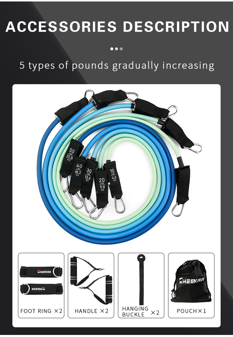 Hot Sale Sport Heavy Duty Workout Strength Training Fitness Exercise 11 PCS Latex Rubber Elastic Resistance Band Tubes