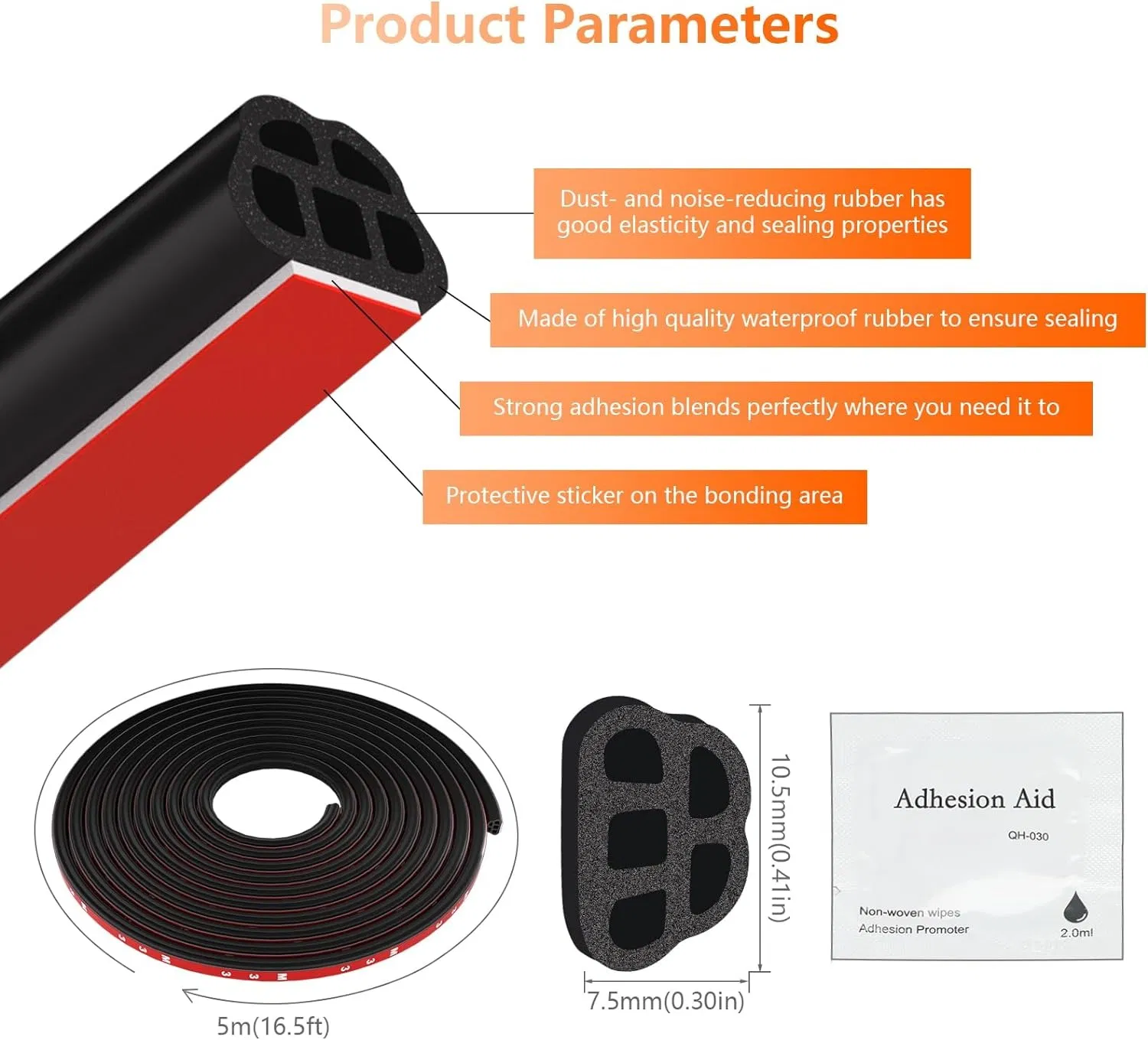 Automotive Rubber Seal, Double Layer 5 Holes, 16.5 Feet Long, Self-Adhesive Automotive Acoustic Windshield Strip, Cuttable, for Trucks, Pickups, Rvs and More.