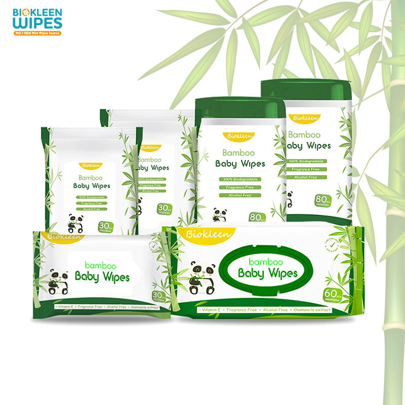 Fabricante Biokleen Oem Odm Personalización 80pcs Ecológico Orgánico Biodegradable Bambú Piel Sensible Limpieza de Manos 100% Toallitas Húmedas Naturales para Bebés