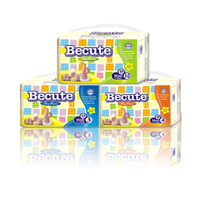 Pañales desechables Becute con respaldo de algodón transpirable y ADL colorido