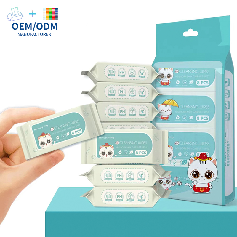 Toallitas húmedas de limpieza pura OEM Mini 99.9% para la piel sensible del bebé, toallitas desechables 64PCS/Packs para la limpieza
