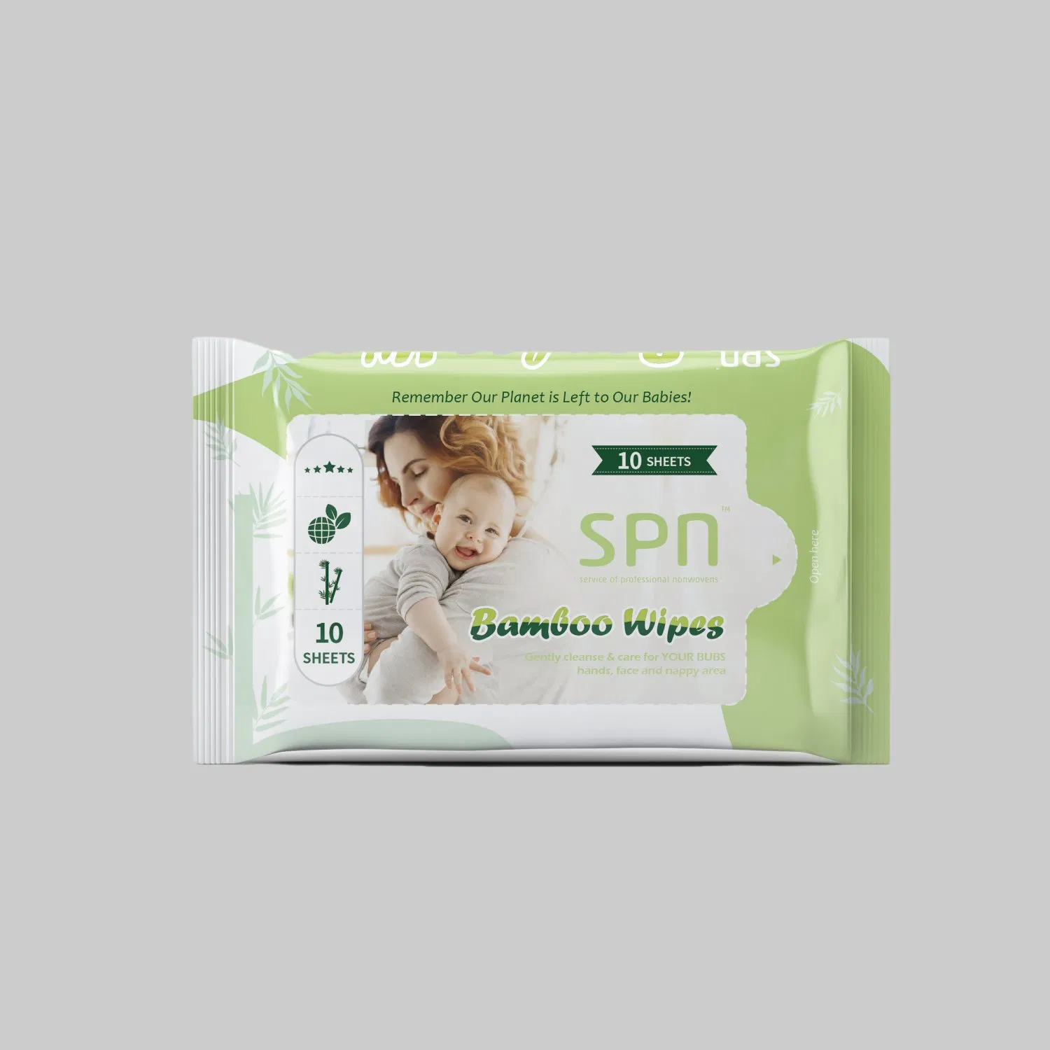 Toallitas húmedas biodegradables de marca privada Spn, productos desechables y flushables para el cuidado del bebé, limpieza de manos, labios y boca, tela OEM ODM, toallitas para bebés con agua
