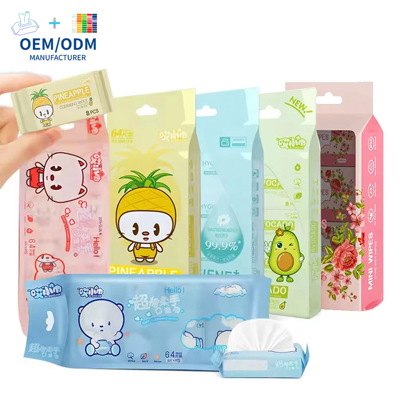 Toallitas húmedas de limpieza pura OEM Mini 99.9% para la piel sensible del bebé, toallitas desechables 64PCS/Packs para la limpieza