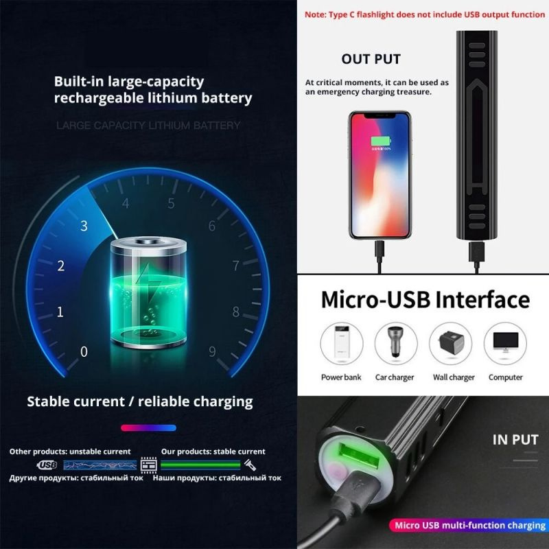 Lanterna LED UV preta multifuncional recarregável Helius USB
