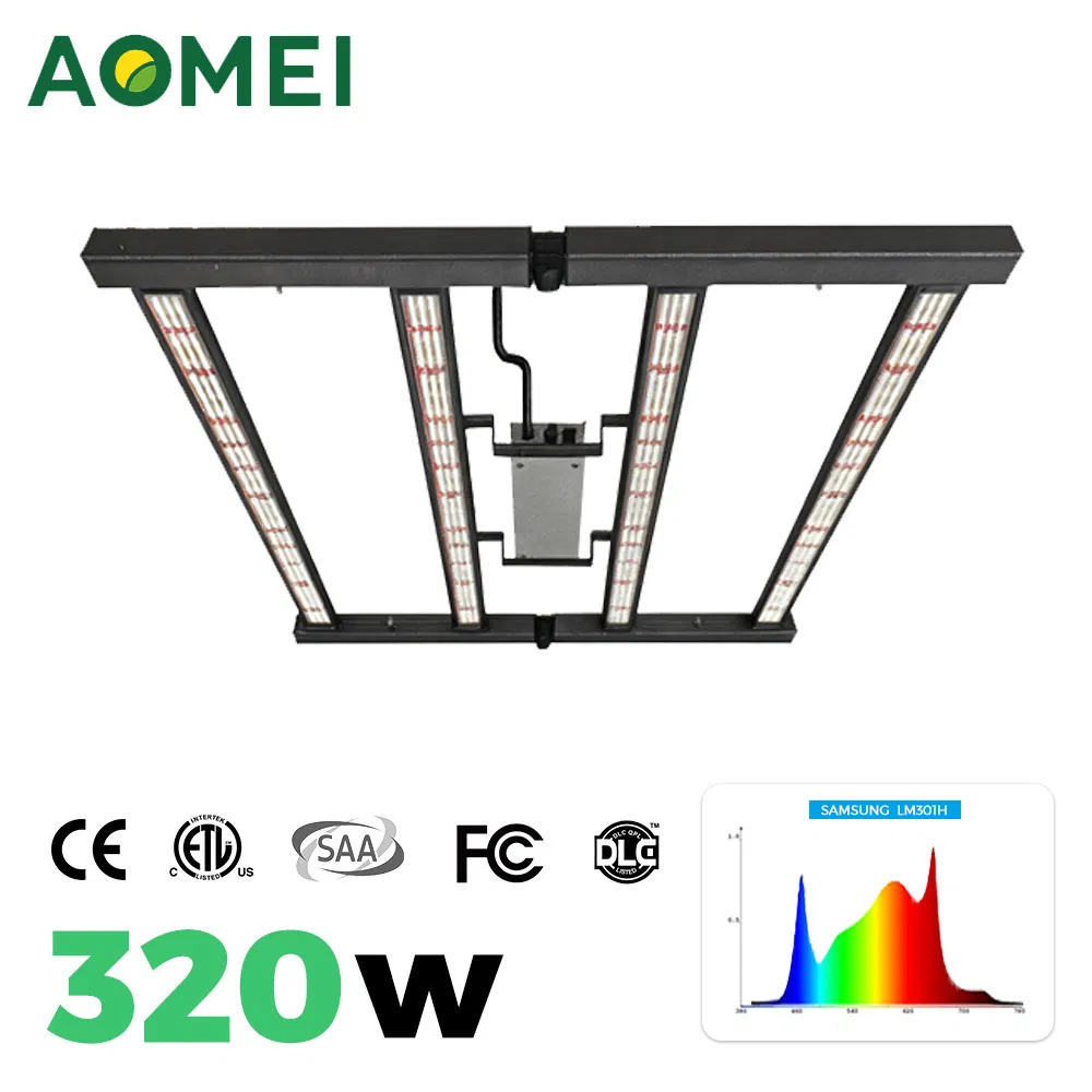 320W Luz de Cultivo LED de Espectro Completo Dobrável, 2.8 μMol/J Alta PPE, IP65 para Cultivo Comercial em Estufas
