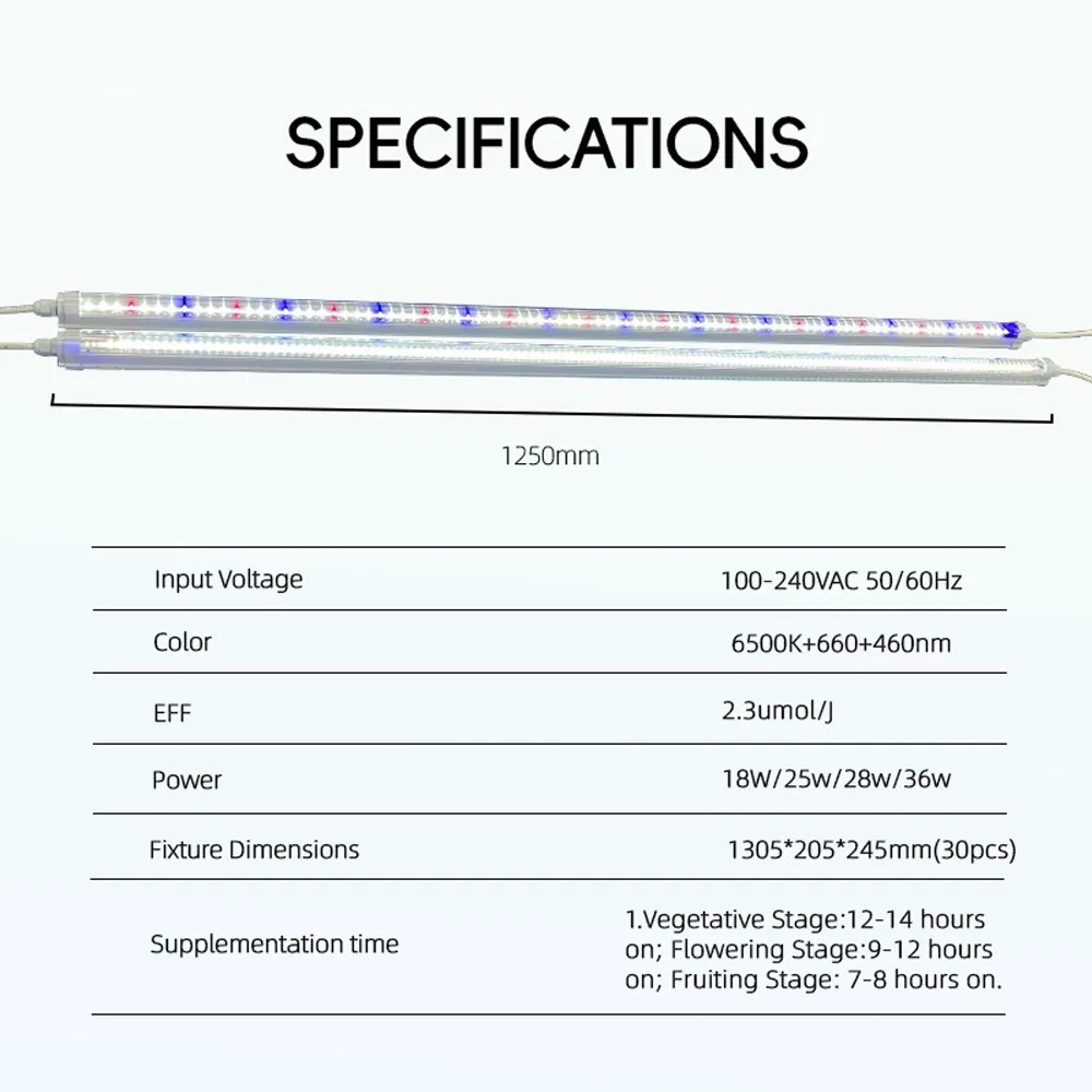 T8 1.2m Tubo de Luz de Cultivo LED à Prova d'Água para Hidroponia, Luz de Planta de Espectro Completo com 2.3μMol/J Eficácia