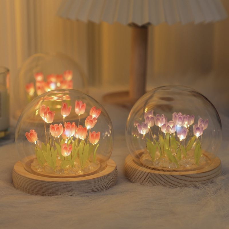 Lâmpada Abajures Ornamentos Feitos à Mão Lâmpada LED de Noite Decoração de Quarto Presentes de Aniversário Flor de Tulipa Artificial Luz Noturna
