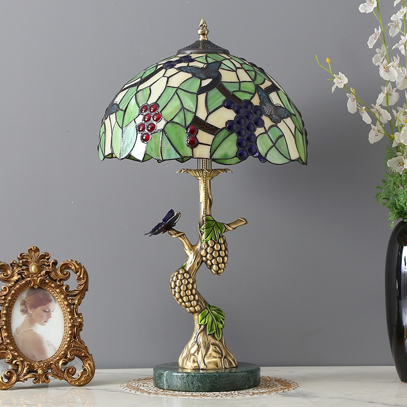 Lâmpada de Mesa Vintage em Vidro Manchado de Cobre com Folha Verde Floral para Sala de Estar Quarto (ZY-DFN022)