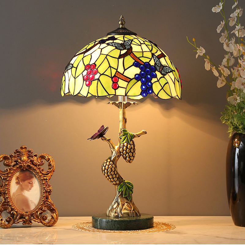Lâmpada de Mesa Vintage em Vidro Manchado de Cobre com Folha Verde Floral para Sala de Estar Quarto (ZY-DFN022)