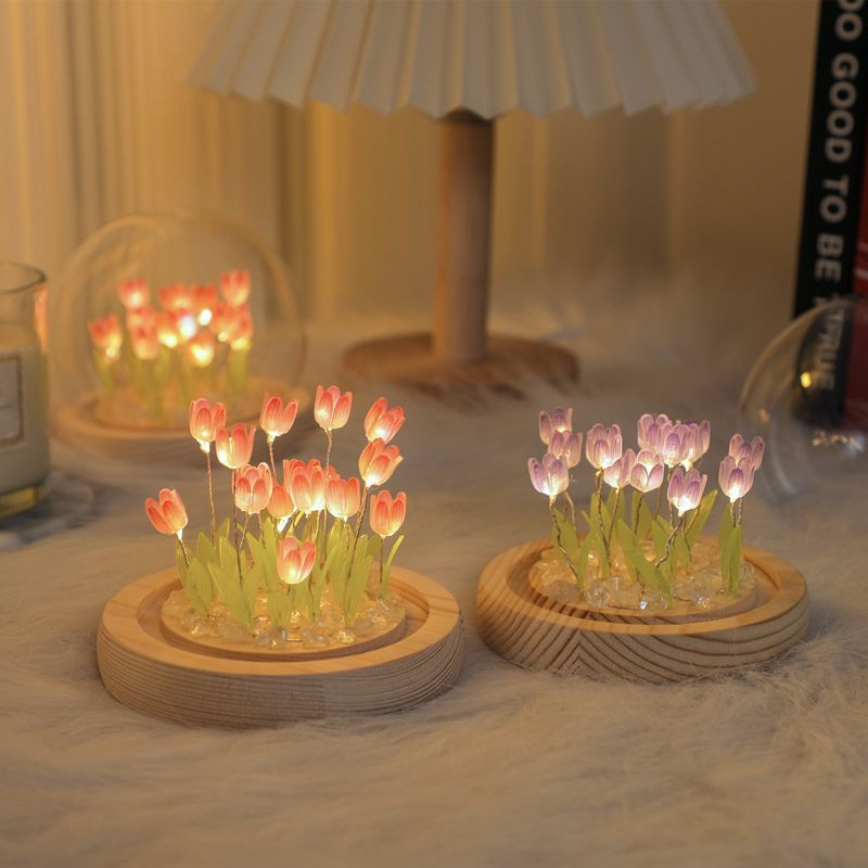 Lâmpada Abajures Ornamentos Feitos à Mão Lâmpada LED de Noite Decoração de Quarto Presentes de Aniversário Flor de Tulipa Artificial Luz Noturna