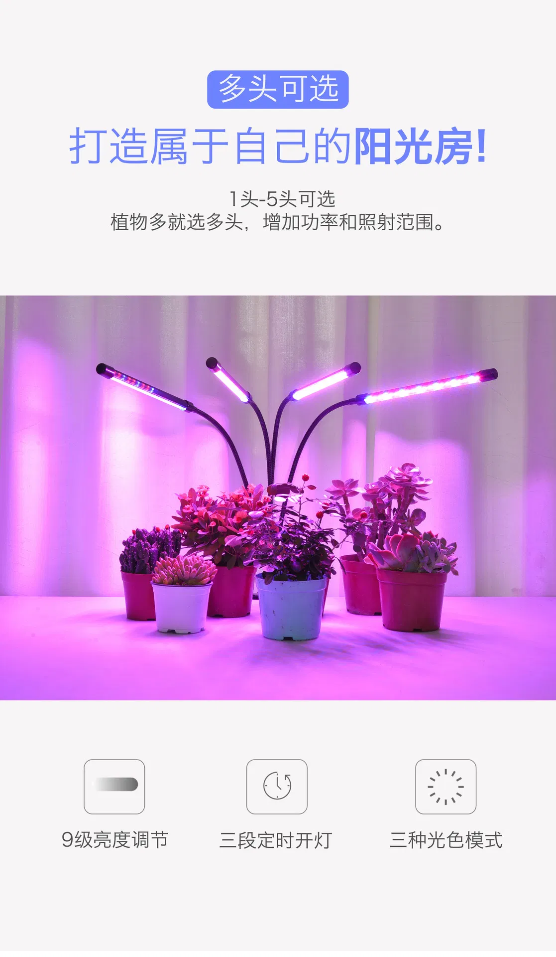 Luz de Plantas Multi Clip com Temporizador e Dimerização, Luz de Espectro Completo para Suculentas e Cultivo de Plantas LED