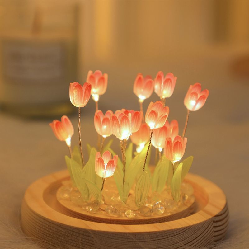 Lâmpada Abajures Ornamentos Feitos à Mão Lâmpada LED de Noite Decoração de Quarto Presentes de Aniversário Flor de Tulipa Artificial Luz Noturna