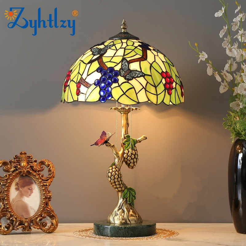 Lâmpada de Mesa Vintage em Vidro Manchado de Cobre com Folha Verde Floral para Sala de Estar Quarto (ZY-DFN022)