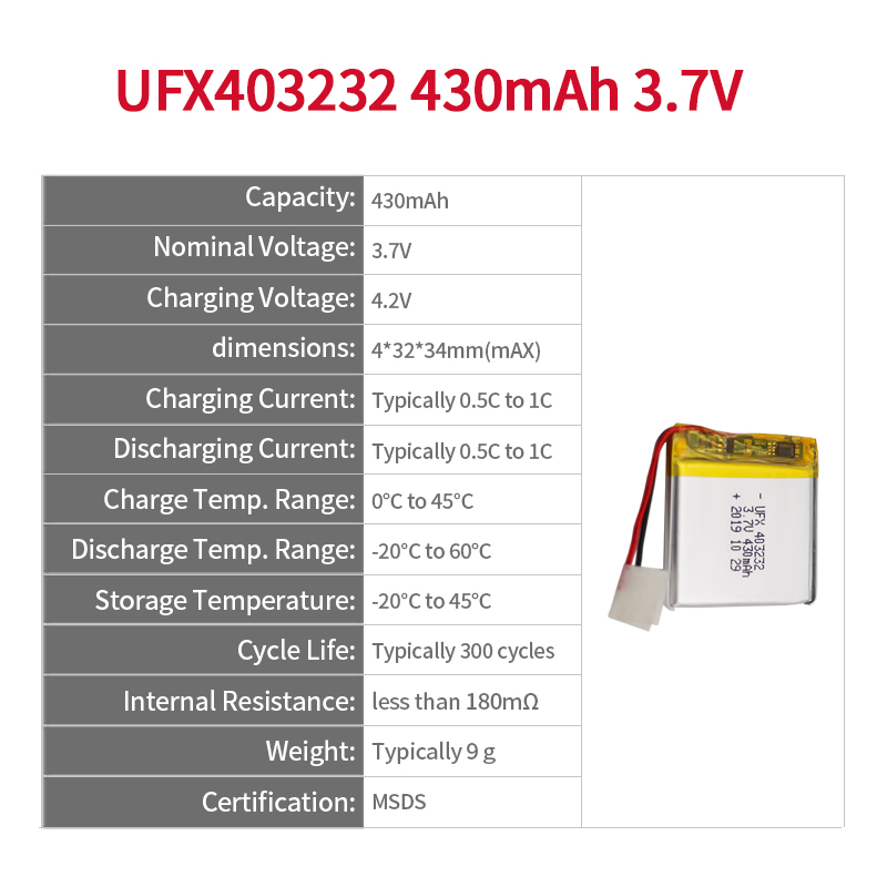 بطارية ليثيوم بوليمر قابلة لإعادة الشحن Ufx403232 3.7V 430mAh للأجهزة القابلة للارتداء مع MSDS