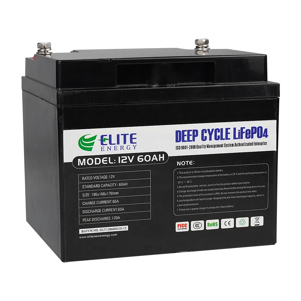 بطارية ليثيوم أيون من مصنع النخبة 12V 60ah بطارية 12.8V LiFePO4 لتخزين الطاقة الشمسية/عربة سكنية/عربة جولف/يخت/عربة سكنية/مركبة ترفيهية/ضوء LED