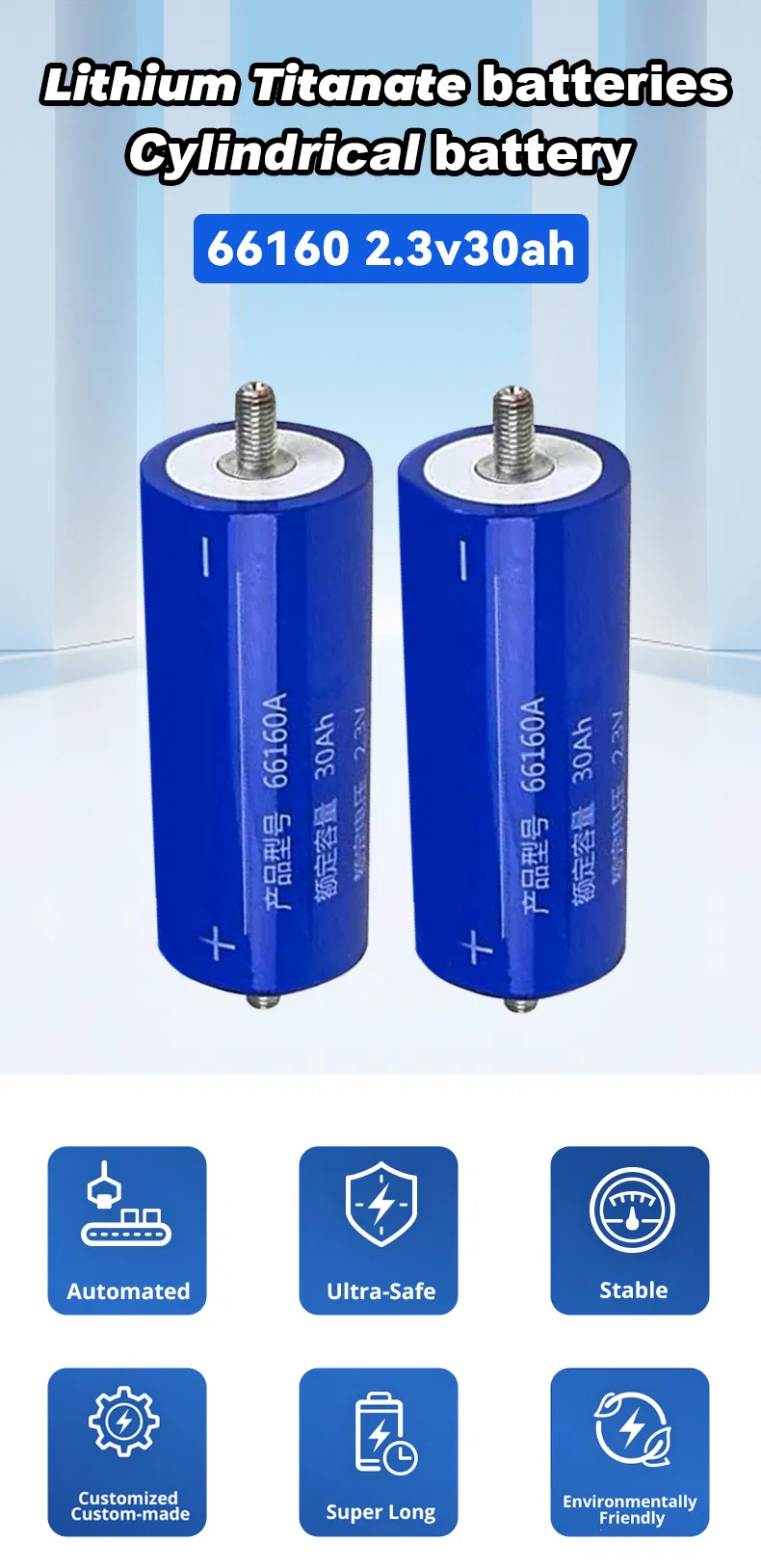 2.3V 30ah 66160 أسطواني LiFePO4 بطارية تخزين طاقة شمسية ليثيوم أيون مع 6000 دورات لتخزين المنازل والصناعي