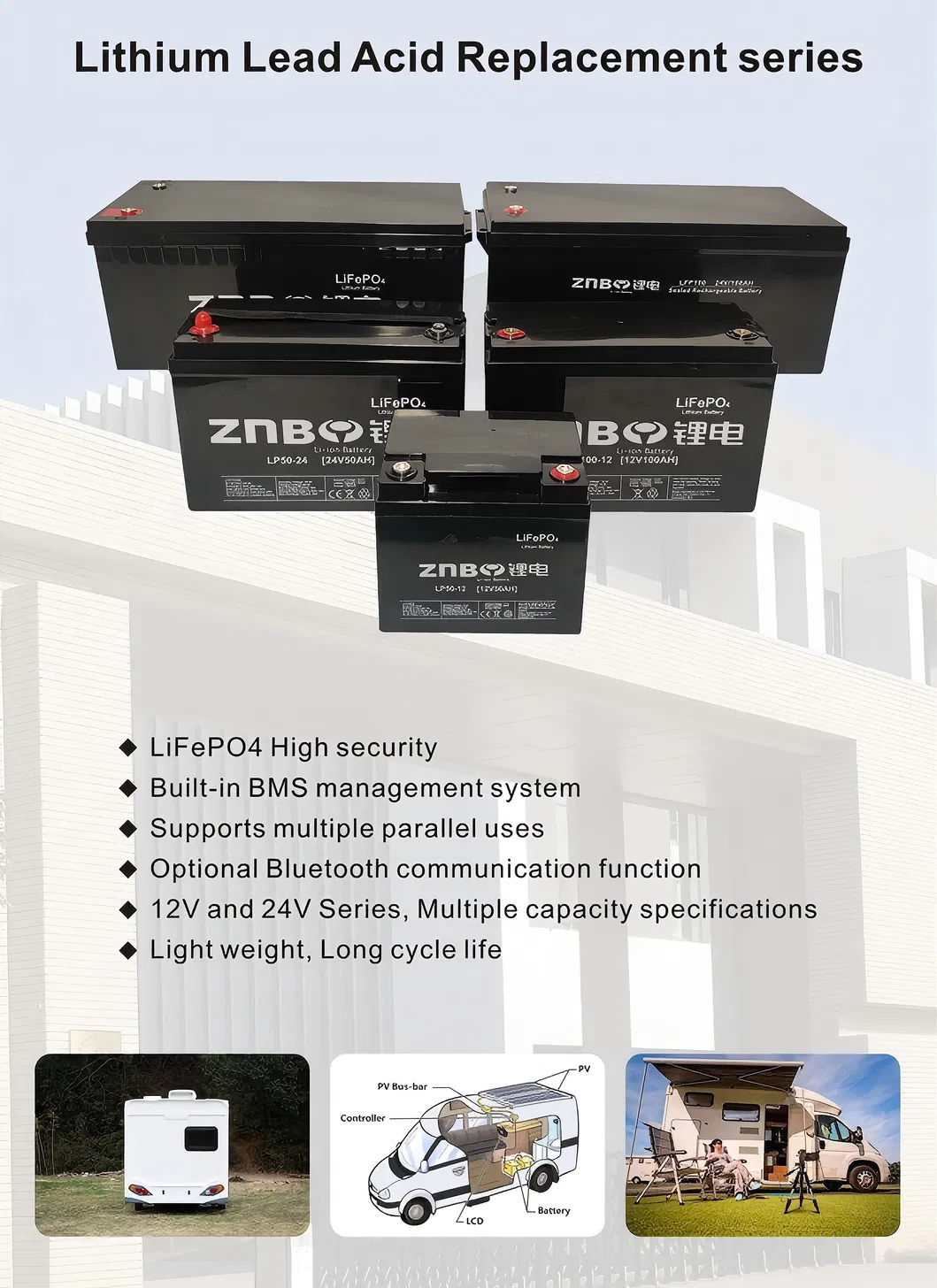 بطارية تخزين الطاقة البديلة لحمض الرصاص ليثيوم للمركبات الترفيهية LiFePO4 12.8V 200ah LFP200-12