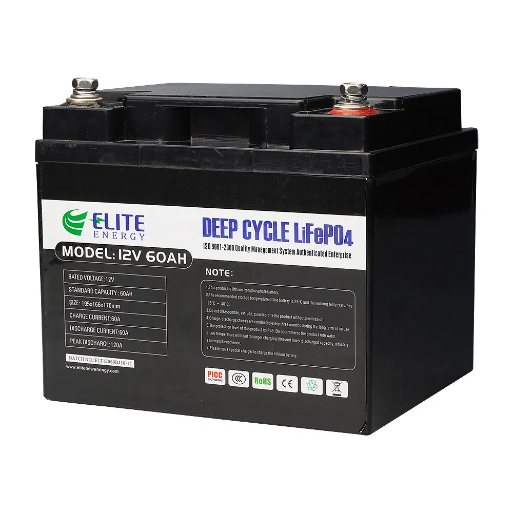 بطارية ليثيوم أيون من مصنع النخبة 12V 60ah بطارية 12.8V LiFePO4 لتخزين الطاقة الشمسية/عربة سكنية/عربة جولف/يخت/عربة سكنية/مركبة ترفيهية/ضوء LED