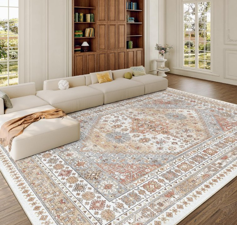 Imitation Cashmere Non-Slip Backing Washable Vintage Large Area Rug for Living Room