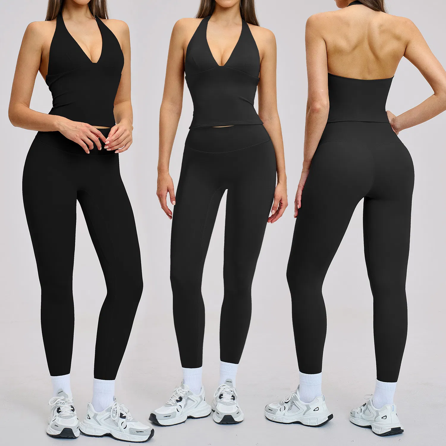 Stylish Sports Gym Fitness Yoga Clothing with Halter Deep V-Neck Backless Yoga Top + Butt Lifting Leggings for Workout