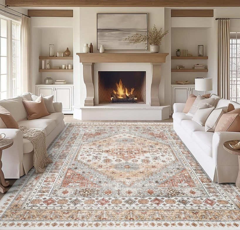 Imitation Cashmere Non-Slip Backing Washable Vintage Large Area Rug for Living Room