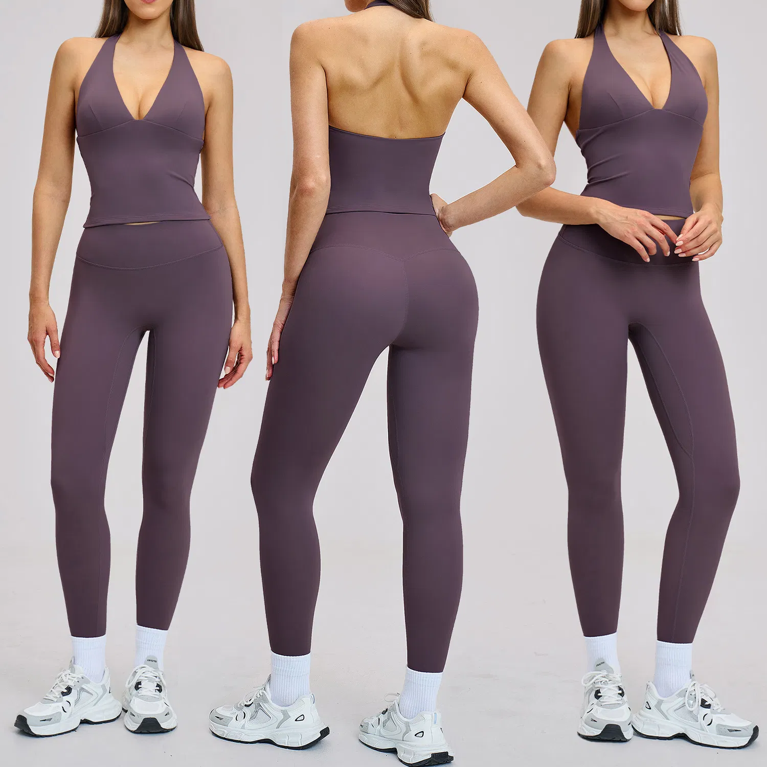 Stylish Sports Gym Fitness Yoga Clothing with Halter Deep V-Neck Backless Yoga Top + Butt Lifting Leggings for Workout