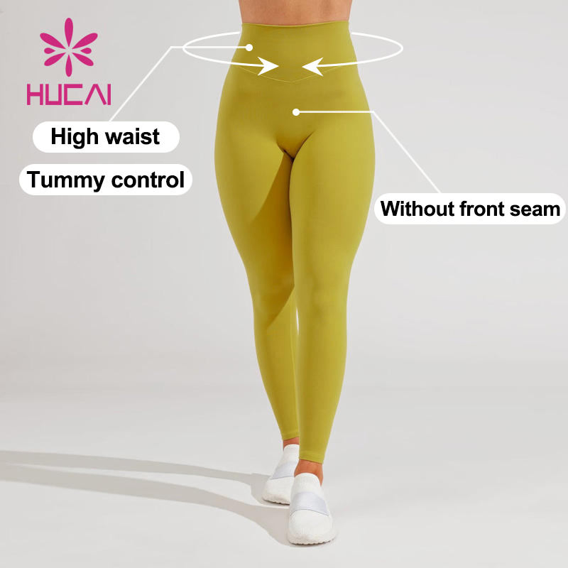 Hucai OEM Custom High-Waist Polyester Spandex Strech Leggings Women Workout Running Active Fitness Gym Yoga Sports Wear