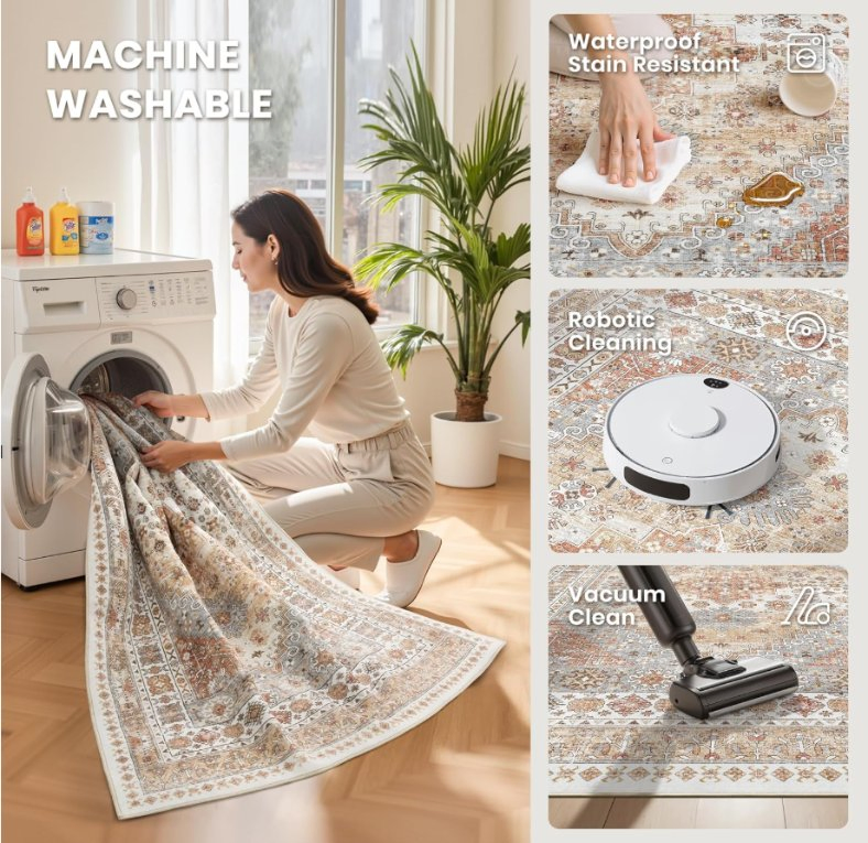 Imitation Cashmere Non-Slip Backing Washable Vintage Large Area Rug for Living Room