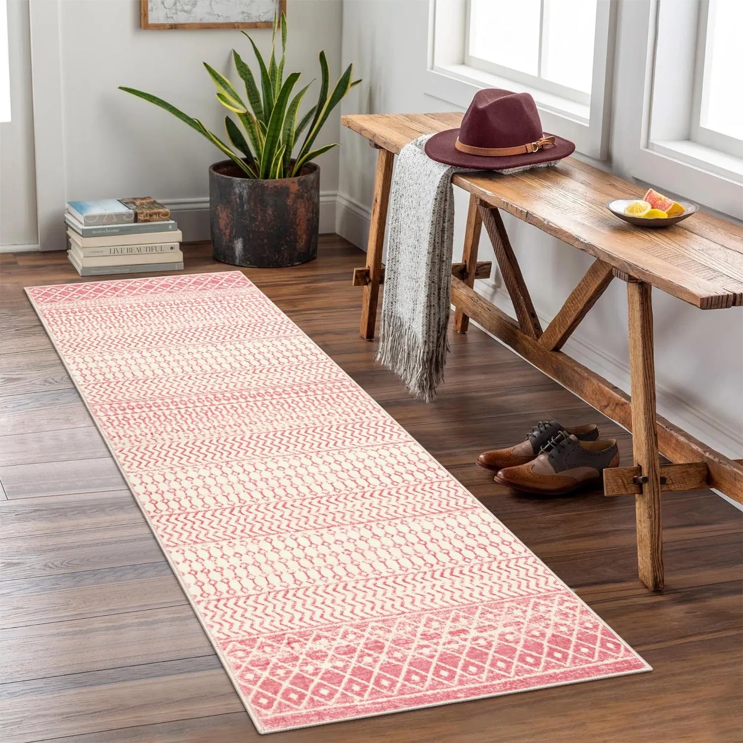 3D Printed Machine Washable Vintage Low Pile Pink Tapi Indoor Carpet Modern Non Slip Runner Rug for Hallways