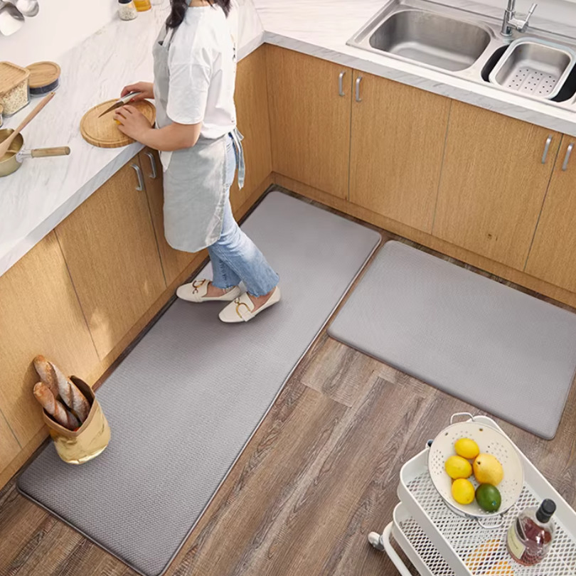Non-Slip Anti-Fatigue PVC Leather Kitchen Floor Mat Black Gray PVC Kitchen Mat