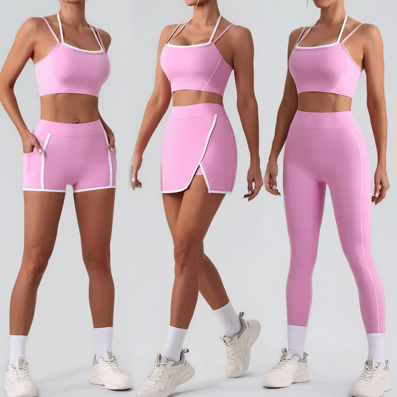 New Fashion 4PCS Cute Workout Sets Gym Tennis Wear for Women, Tank Top Matching High Waist Booty Lifting Shorts + Yoga Leggings + Active Skirts Outfits