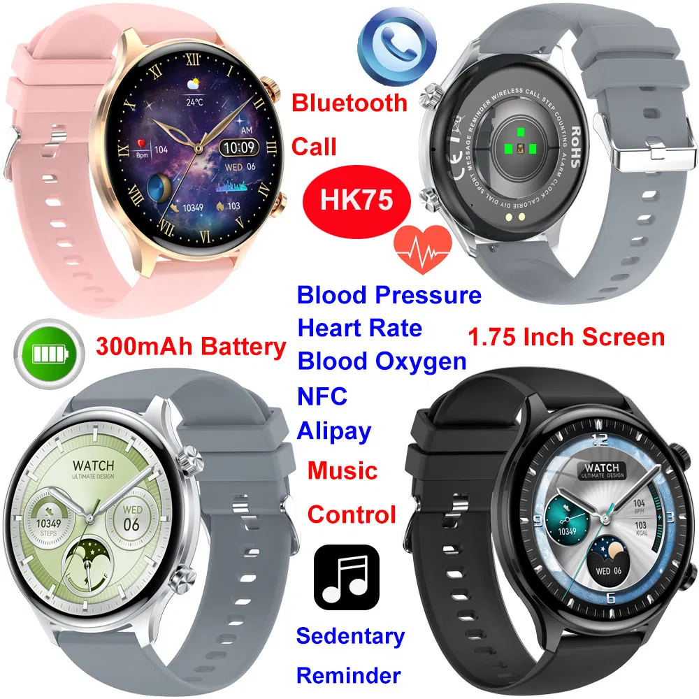 2025 new developed IP68 waterproof senior smart bluetooth watch with heart rate blood pressure blood oxygen monitor for fitness monitoring HK75