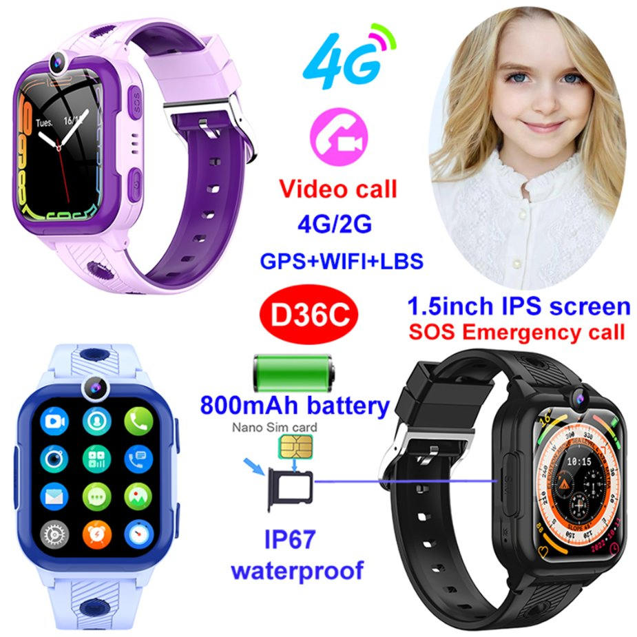Wholesale 4G China manufacture IP67 waterproof custom smart GPS tracker watch with live map monitoring SOS panic button realtime Google Map location D36C