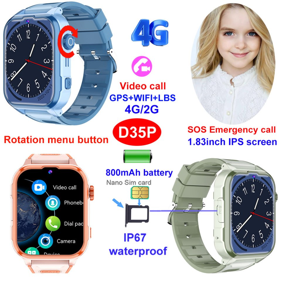 New developed China factory 4G IP67 waterproof wearable kid smart GPS tracker watch with rotation menu button SOS panic button video call class mode D35P